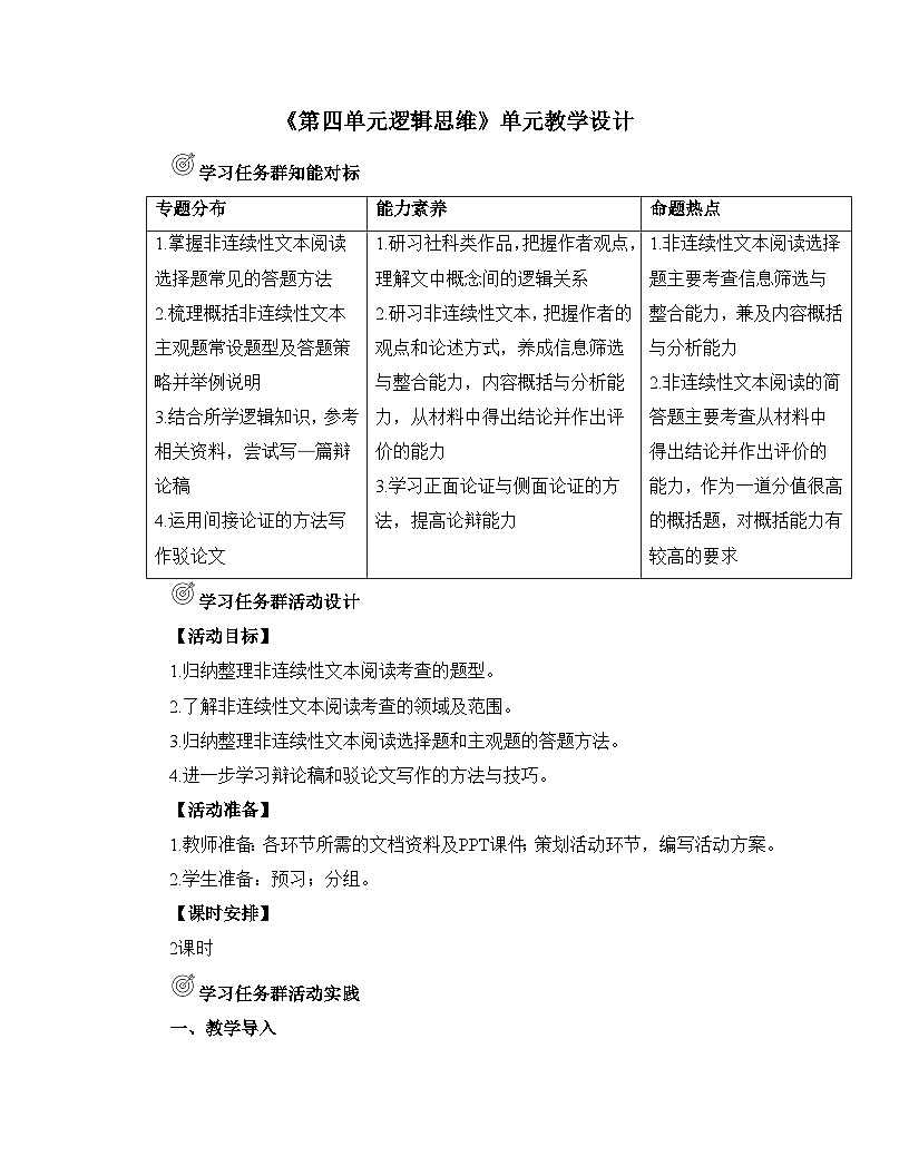 高中語文人教統(tǒng)編版選擇性必修上冊《第四單元邏輯思維》名師單元教學(xué)設(shè)計第1頁