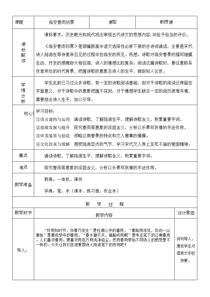高中语文人教统编版选择性必修下册古诗诵读《临安春雨初霁》精品教案第1页
