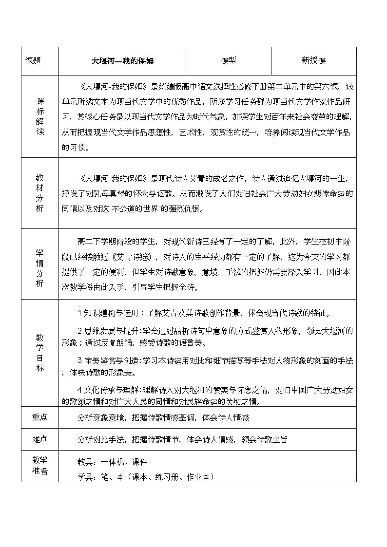 高中语文人教统编版选择性必修下册2.2.1《大堰河——我的保姆》精品教案第1页