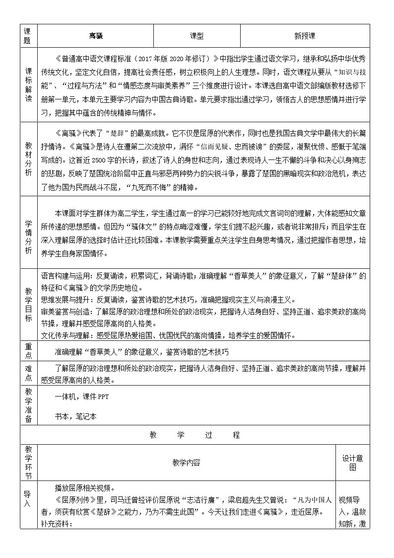 高中语文人教统编版选择性必修下册1.1.2《离骚》精品教案第1页