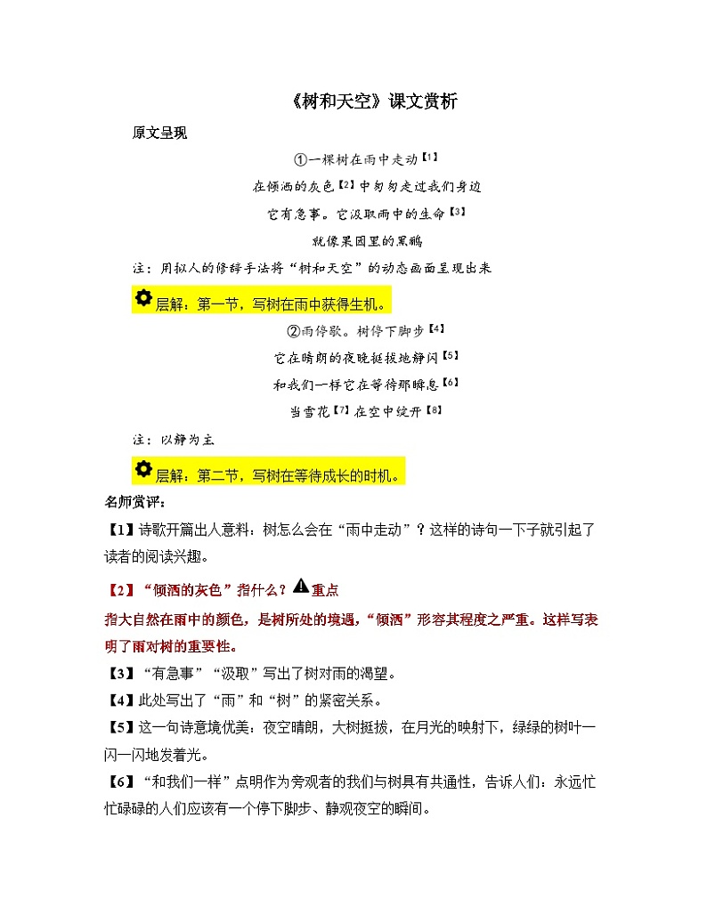 人教统编版高中语文选择性必修 中册 第四单元 13*《树和天空》课文赏析 讲义第1页