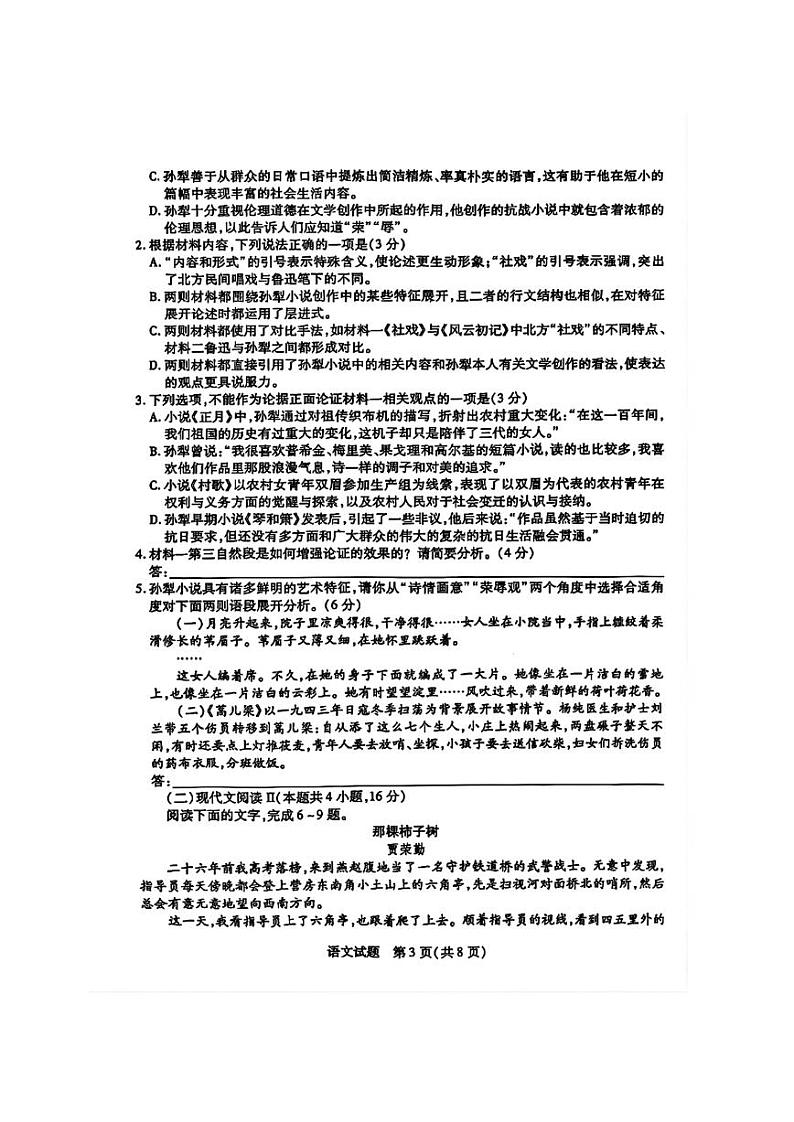 安徽省天一大联考2025届高三上学期12月联考-语文试卷+答案第3页