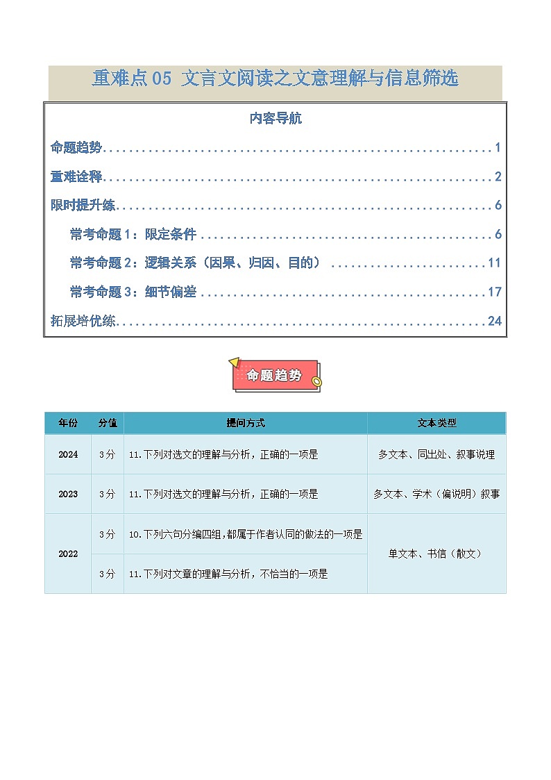 重难点05 文言文阅读之文意理解与信息筛选-2025年高考语文 热点 重点 难点 专练(天津专用)(解析版)第1页