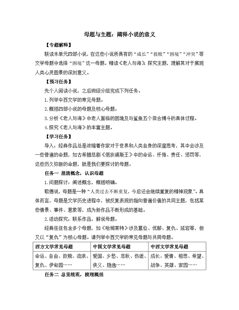 高中语文 人教统编版 选择性必修上册《【阅读专题1】母题与主题:阐释小说的意义》教学设计第1页
