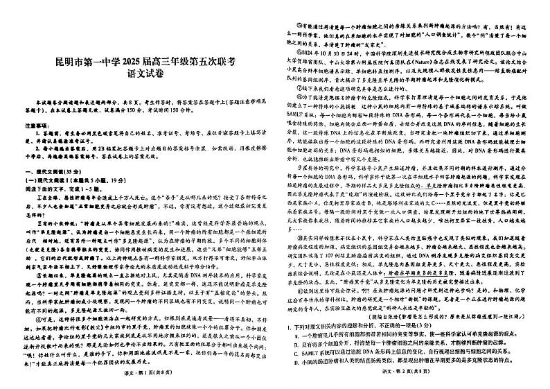 云南省昆明市第一中学2024-2025学年高三上学期第五次联考语文试题(PDF版附答案)第1页