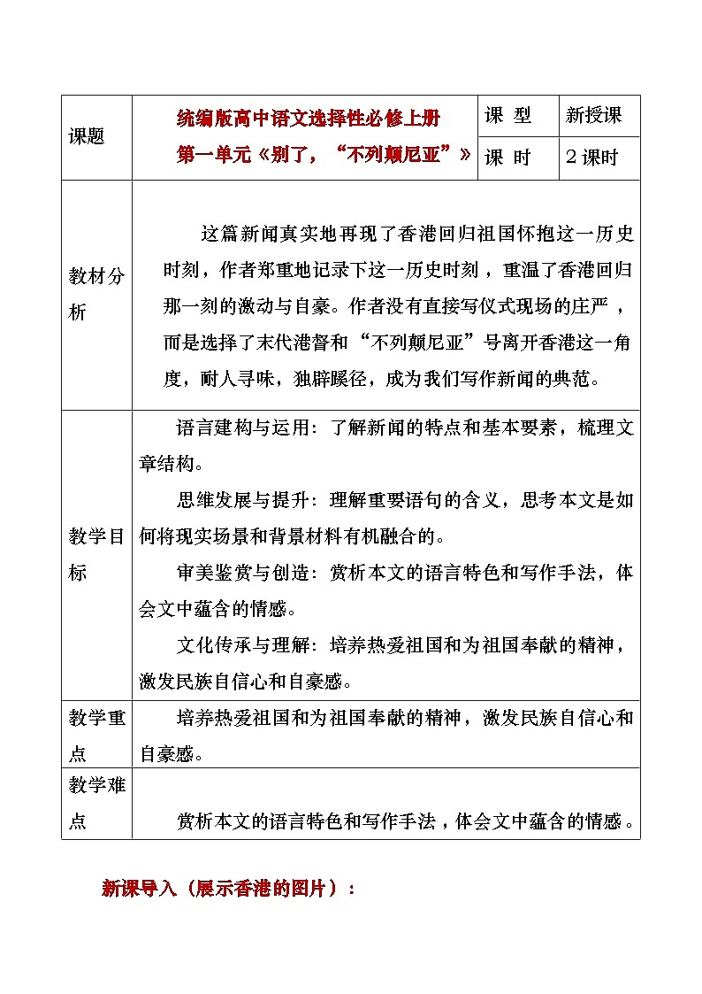 部编版2024高中语文选择性必修上册《别了,“不列颠尼亚”》教学设计第1页