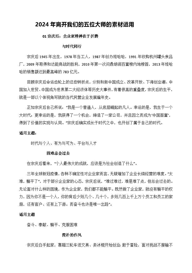 2024年离开我们的五位大师的素材运用-备战2025年高考语文写作技巧实战分析与素材运用讲练(全国通用)第1页
