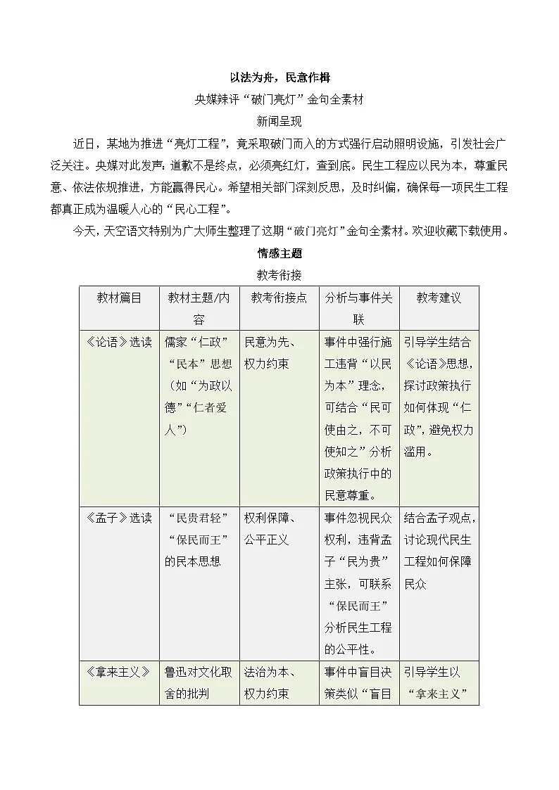 以法为舟,民意作楫 央媒辣评破门亮灯作文全素材-备战2025年语文高考作文热点新闻素材积累解读与习作训练第1页