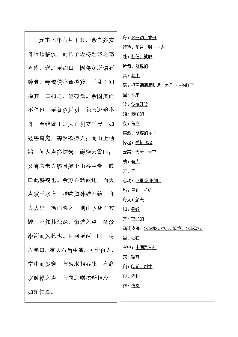2025年高考語文選擇必修下冊背誦篇目之《石鐘山記》實詞句式默寫模擬課內(nèi)外訓練（教師版）第2頁