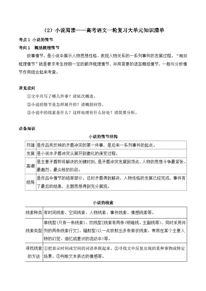 2025届高考语文一轮复习大单元知识清单(2)小说阅读第1页