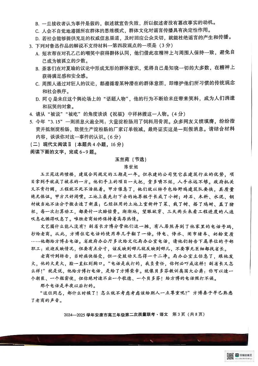陕西省安康市2025届高三下学期第二次质量联考(二模)语文试卷(含答案)第3页