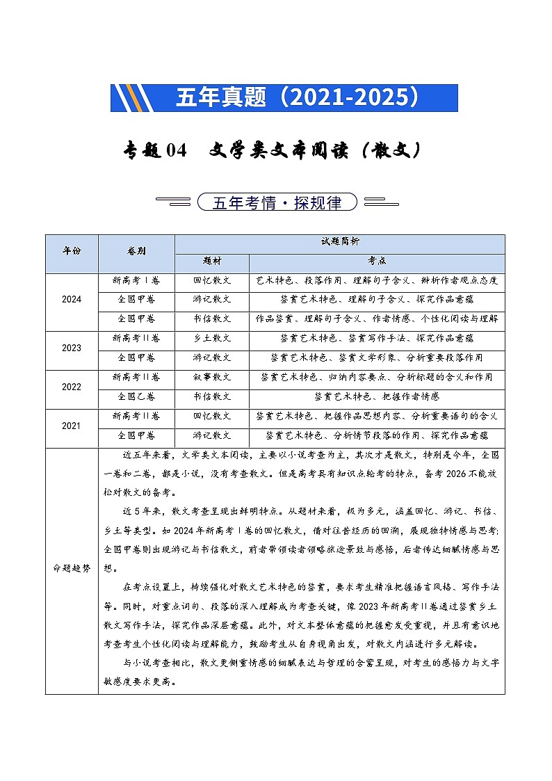 五年(2021-2025)高考语文真题分类汇编:专题04 文学类文本阅读(散文)(全国通用)(原卷版)第1页