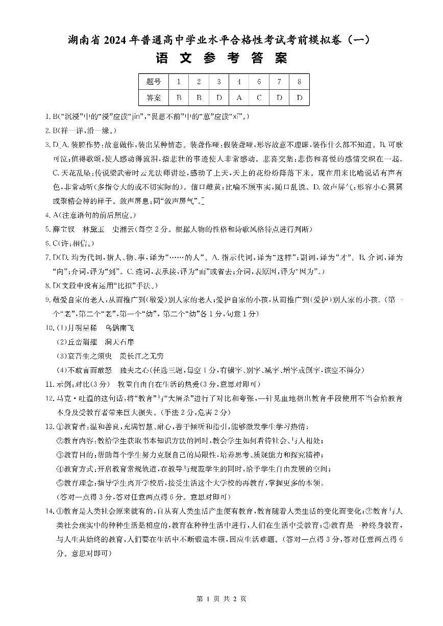 2024年湖南省普通高中学业水平合格性考试语文考前模拟卷(提高版)(一)答案第1页