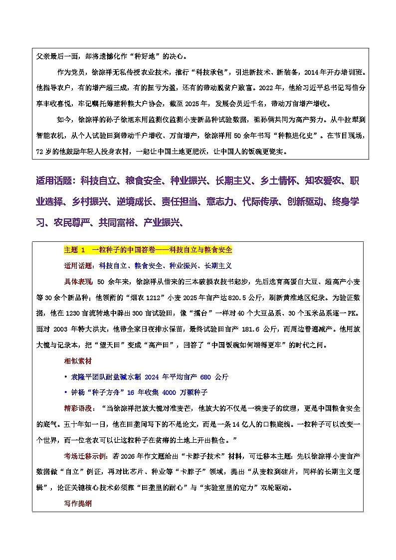 热点话题19:乡土情怀—徐淙祥:把“小我”写进“大国粮仓”-2026年高考语文作文热门主题素材积累运用学案(全国通用)第3页