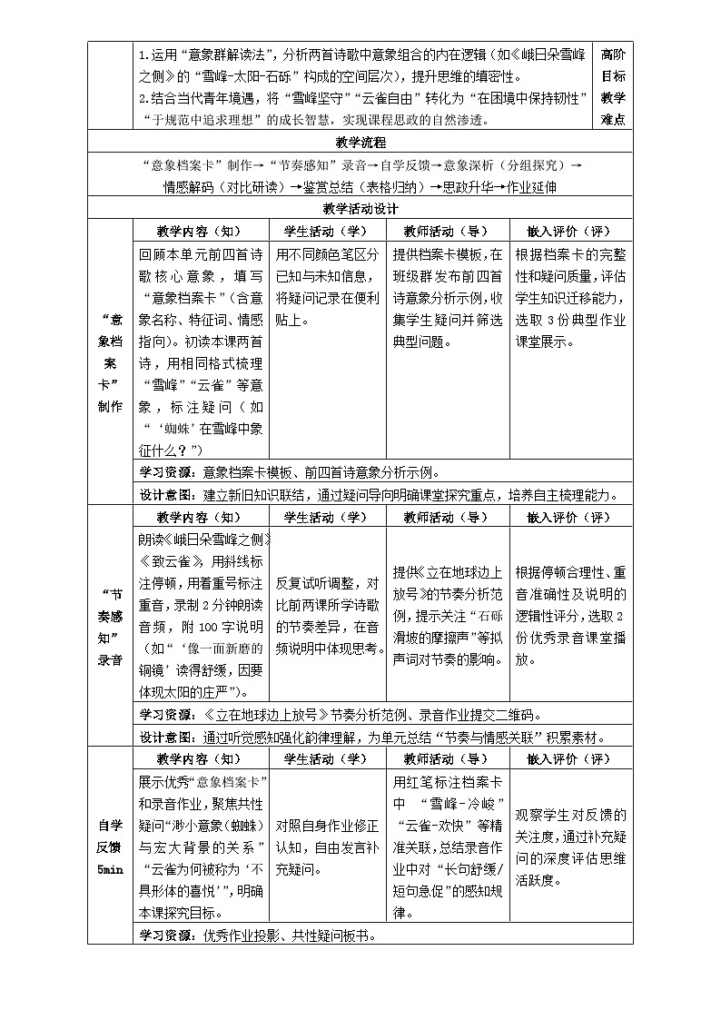 3统编版高中语文必修上册第一单元《峨日朵雪峰之侧》《致云雀》比较阅读教学设计第2页