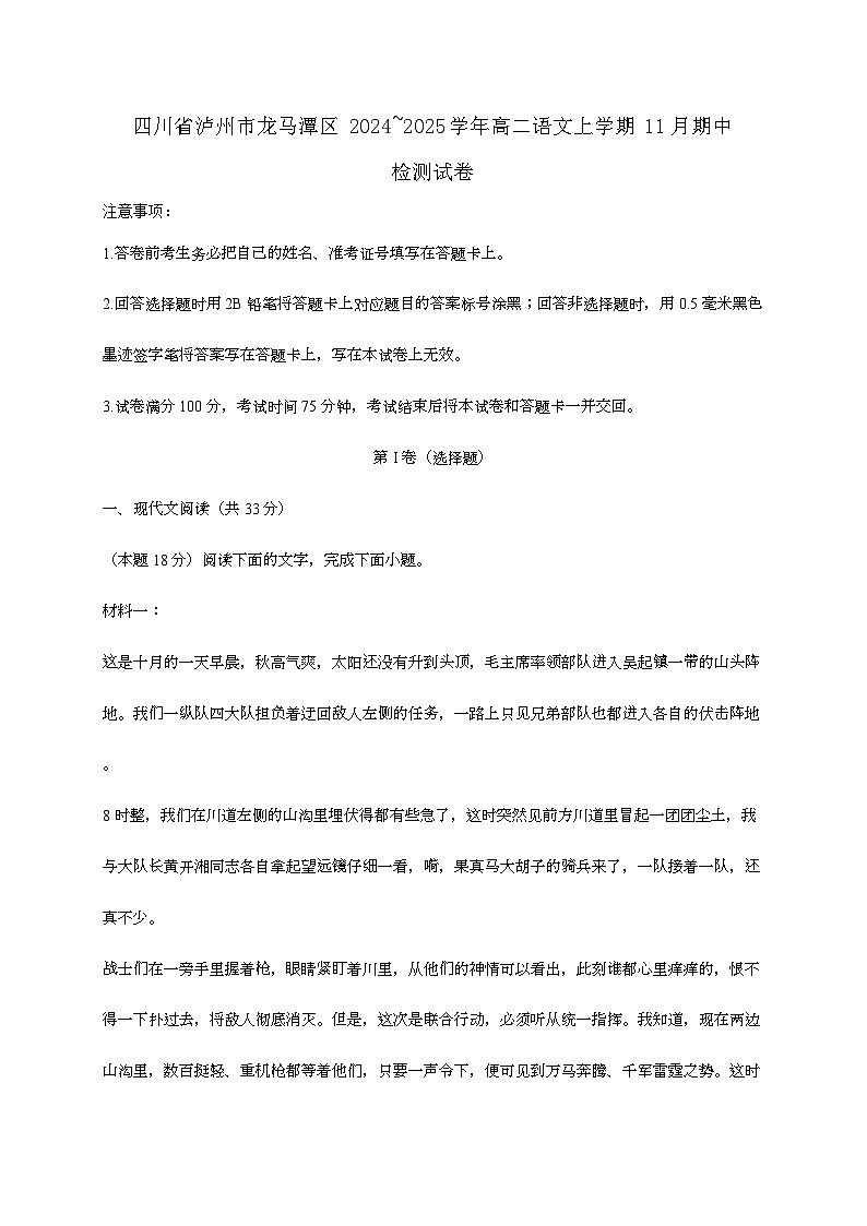 四川省泸州市龙马潭区2024—2025学年高二语文上学期11月期中检测试题第1页