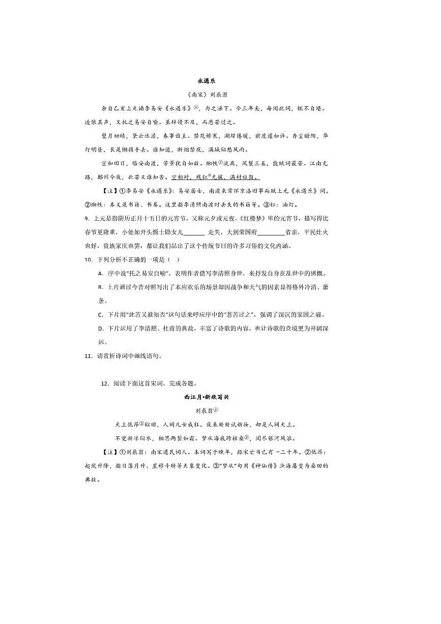 2026届高考语文诗歌专练~~刘辰翁诗歌试卷(含答案)第3页
