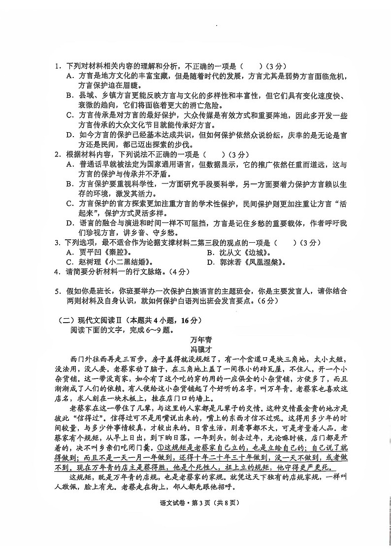 2025届湖南省沅澧共同体高三下学期11月第二次联考-语文试卷(含答案)第3页