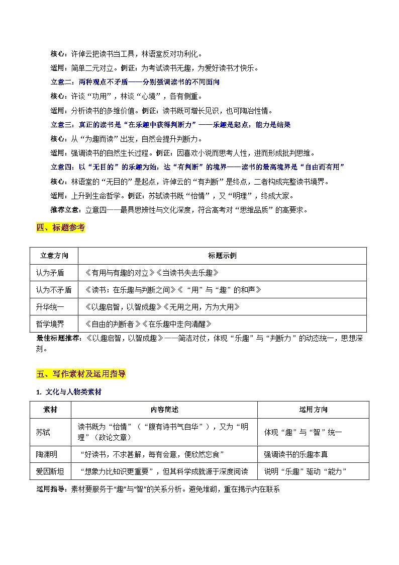 26届江西省高三语文九师名校联盟调研考“读书的的思辨:“获得判断力”or“享受乐趣”——以趣启智,以智成趣”作文导写讲练第3页