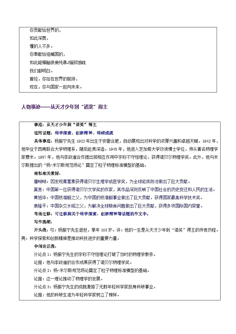 热点话题52:杨振宁科学巨擘的家国情怀与创新精神向宇宙问路为祖国燃灯-2026年高考语文作文热点话题素材讲练(全国通用)第3页