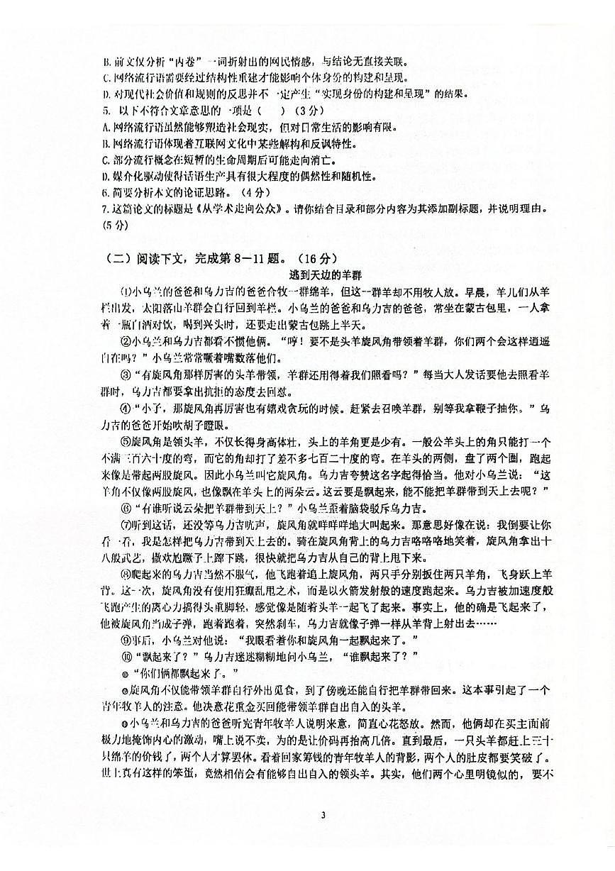 上海市青浦高级中学2025-2026学年高三上学期期中考试语文试题第3页