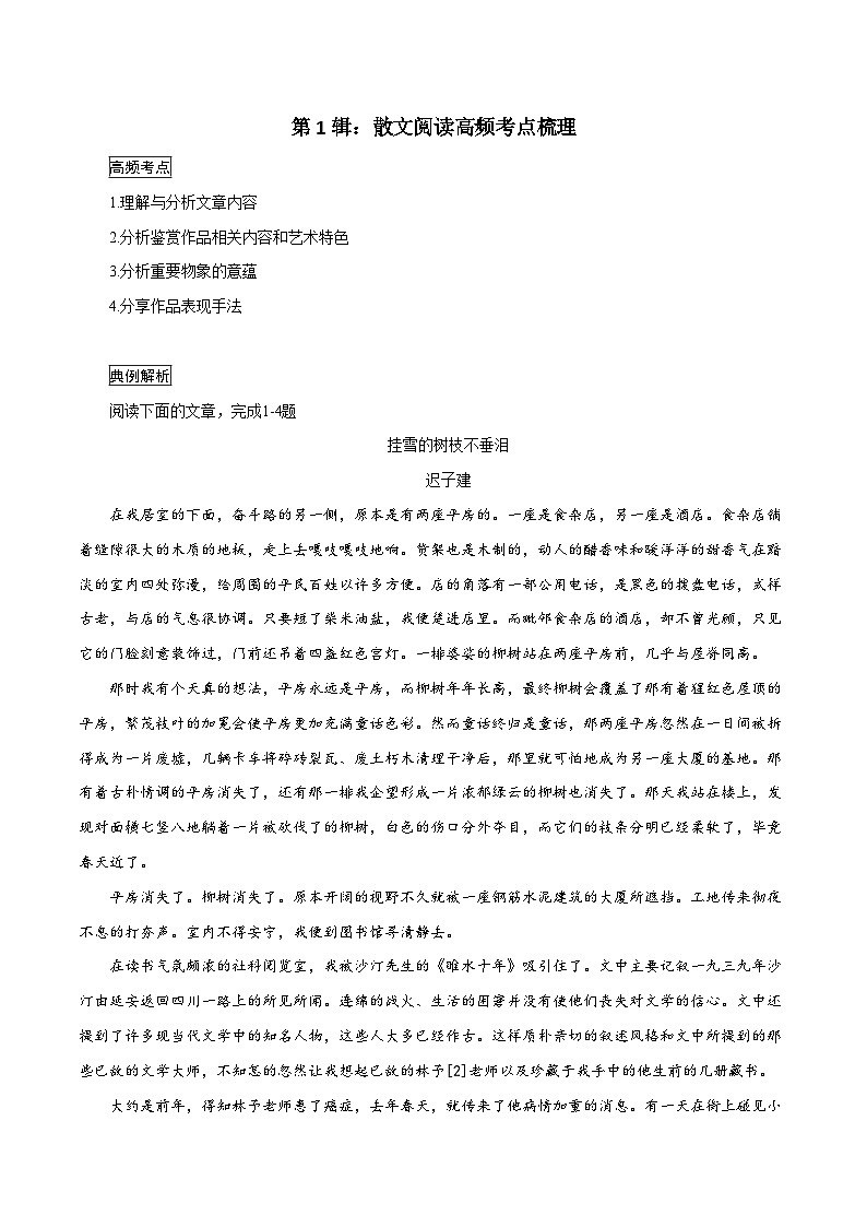 第1辑:散文阅读高频考点梳理 高考语文文学类文本阅读高频考点梳理与训练第1页