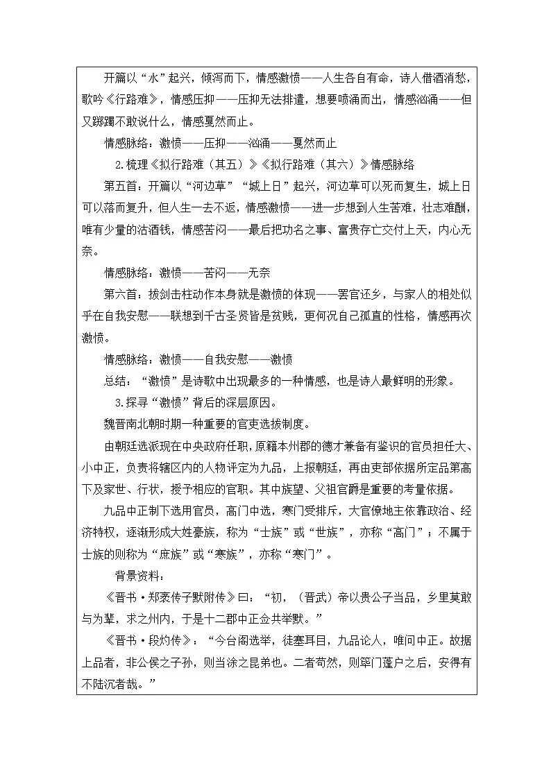 统编版高中语文 选修下册4.1《拟行路难∙其四 表格式教案第2页