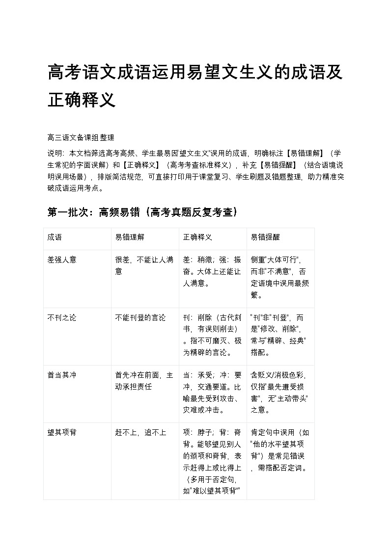 高考语文成语运用易望文生义的成语及正确释义高中语文讲义第1页