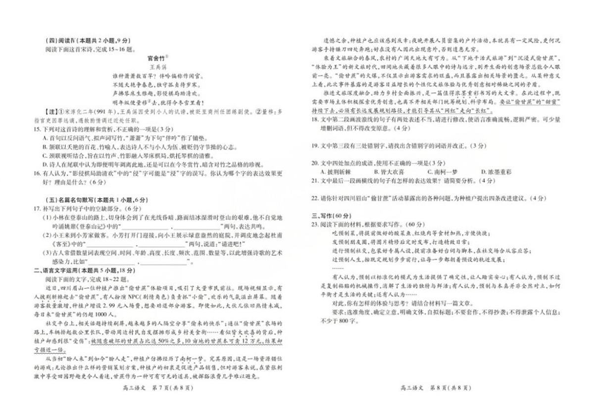 2026届广东省湛江市高三下学期2月开学检测语文试卷(含答案)第3页