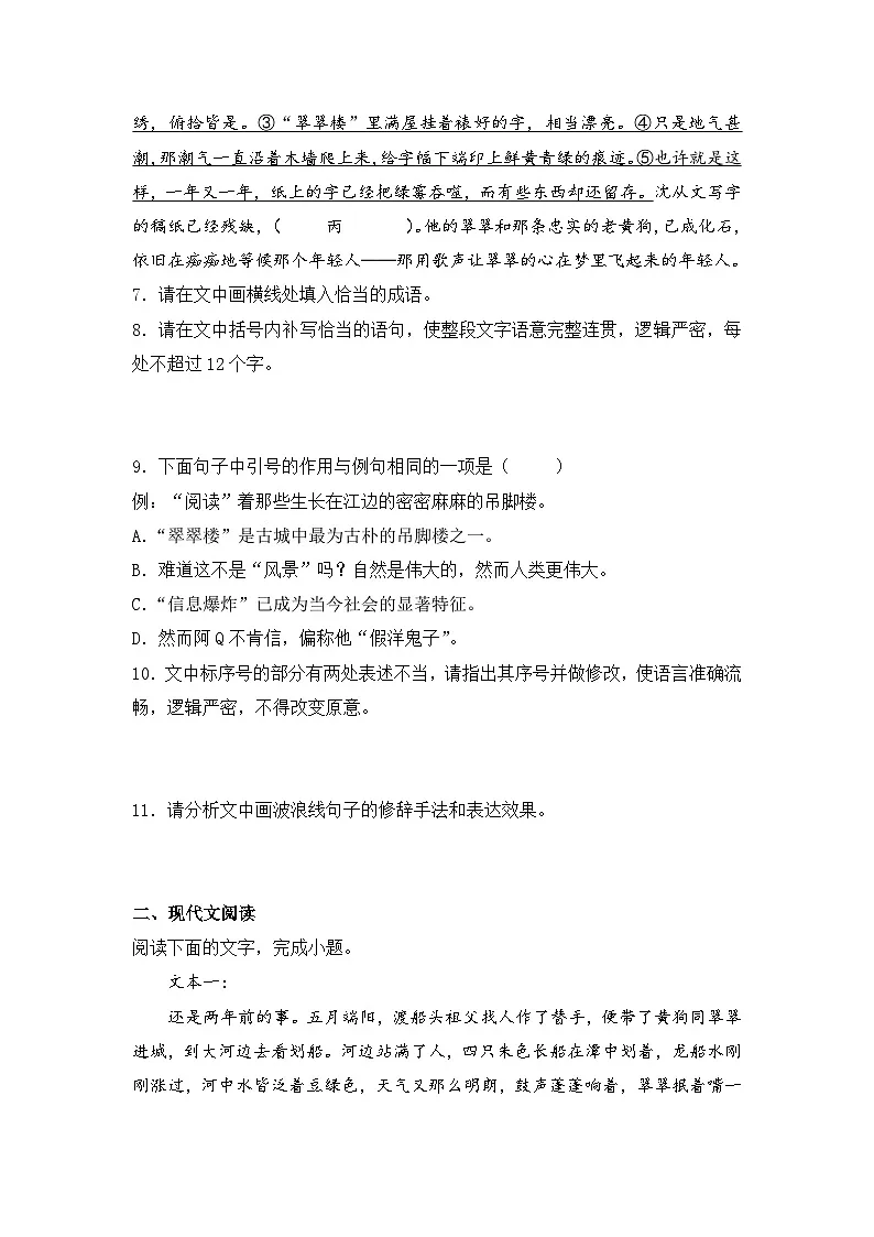2025-2026学年统编版高中语文选择性必修下册5.2《边城(节选)》同步练习及答案第3页