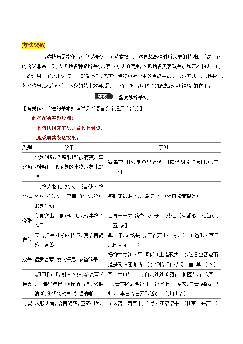 高考语文一轮复习古代诗歌阅读与默写学案08 鉴赏古代诗歌的表达技巧之修辞手法 表现手法(含答案)第2页