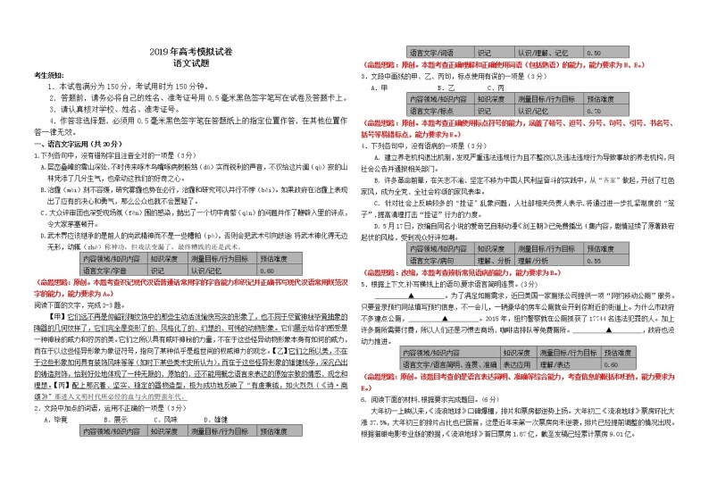 2019届浙江省杭州市高考命题比赛模拟（八）语文试卷01
