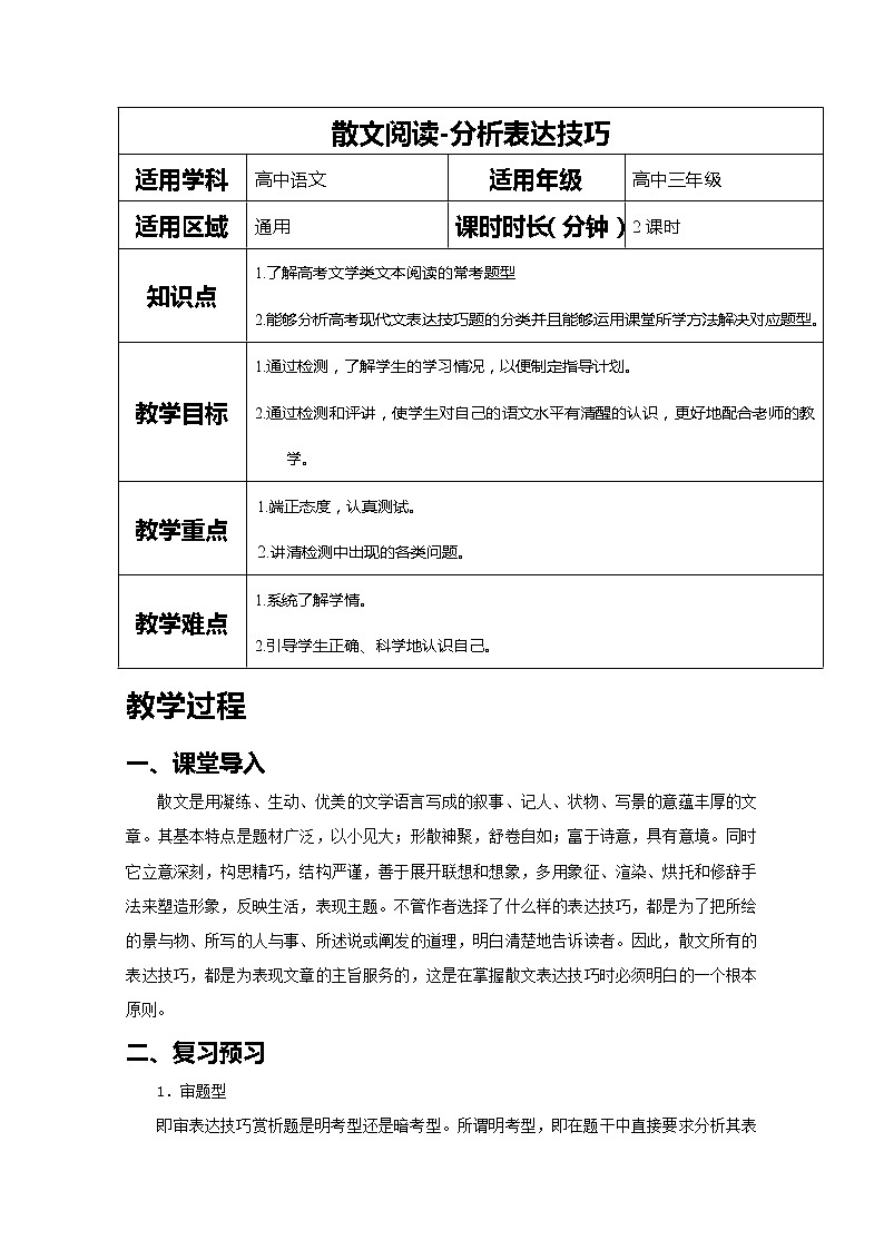 2019届人教版高三语文二轮复习专题教案:散文阅读-分析表达技巧-教案Word版01