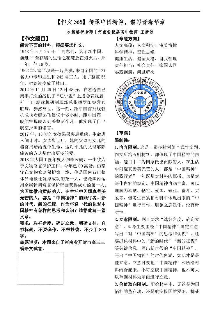 高中作文素材:传承中国精神,谱写青春华章 学案01