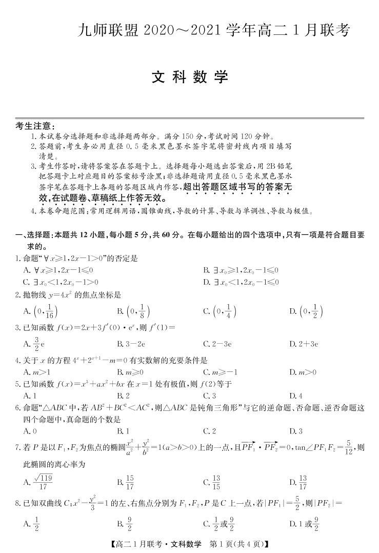 2020-2021学年河南省九师联盟高二上学期1月联考试题 数学（文） PDF版01