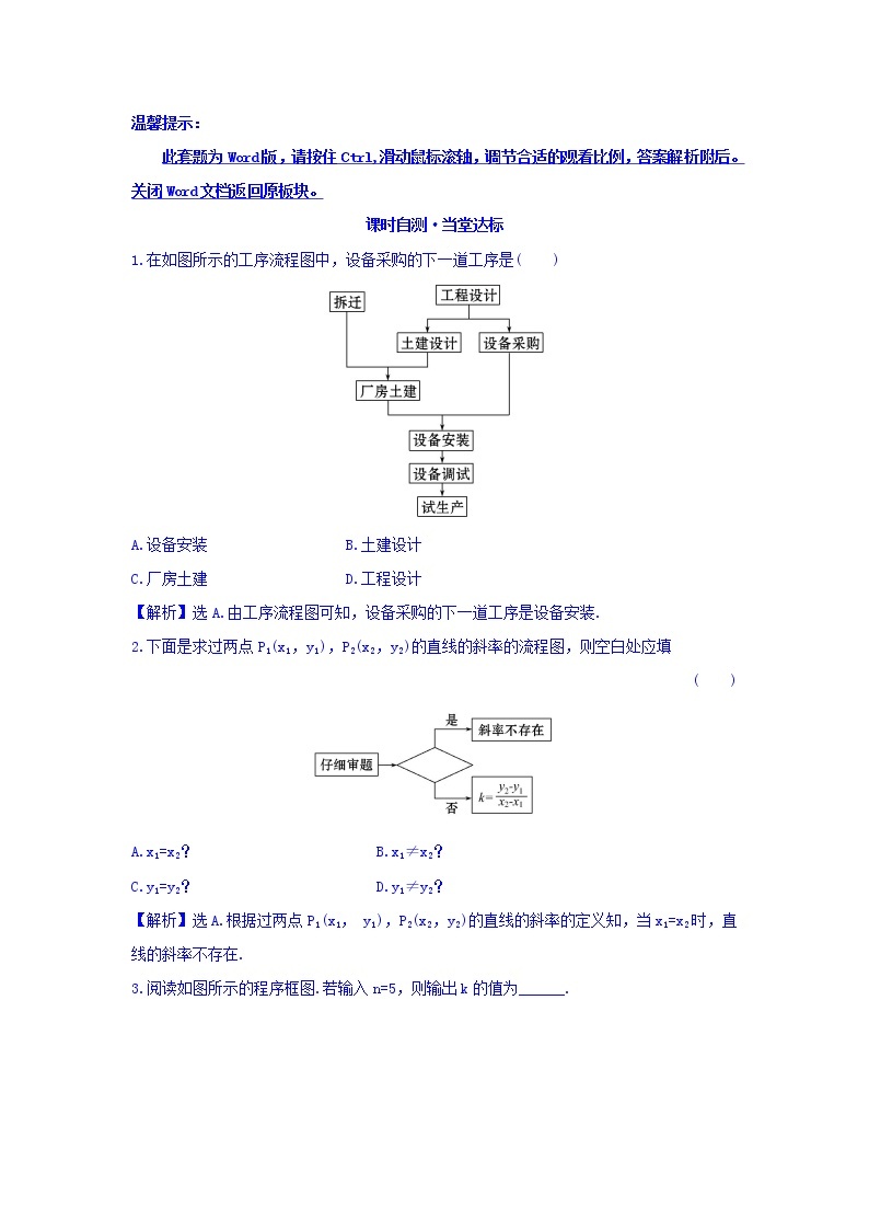 高中数学人教版选修1-2课时自测 当堂达标：4.1 流程图 精讲优练课型 Word版含答案01