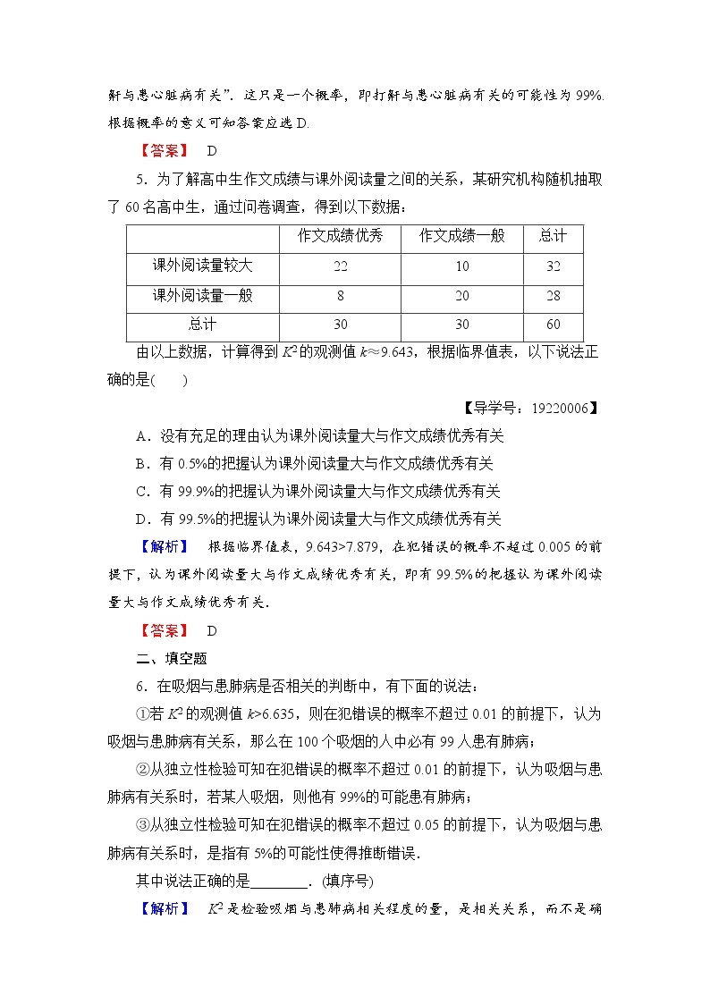 高中数学人教A版选修1-2学业分层测评2 独立性检验的基本思想及其初步应用 Word版含解析试卷03