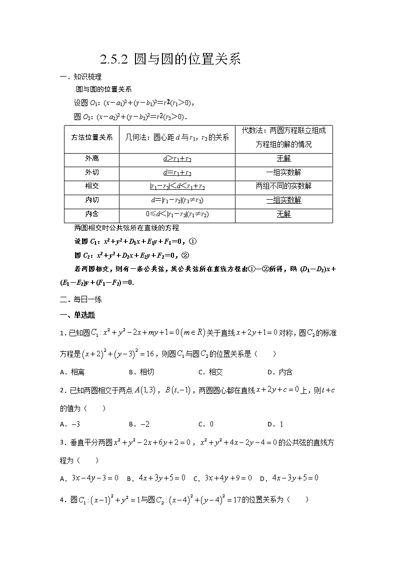2.5.2 圆与圆的位置关系 暑假作业-(新高二)2021-2022学年人教A版(2019)高中数学选择性必修一 练习01