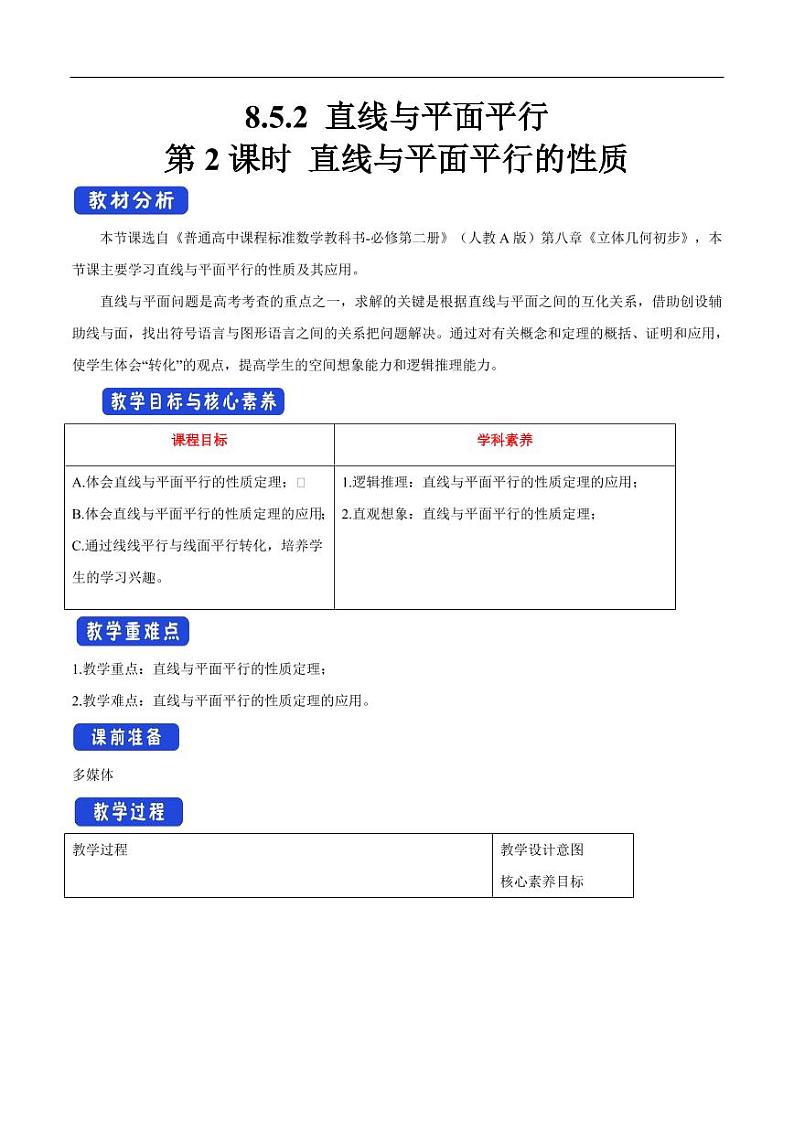 8.5.2 直线与平面平行(第2课时)直线与平面平行的性质 教学设计(1)-人教A版高中数学必修第二册01