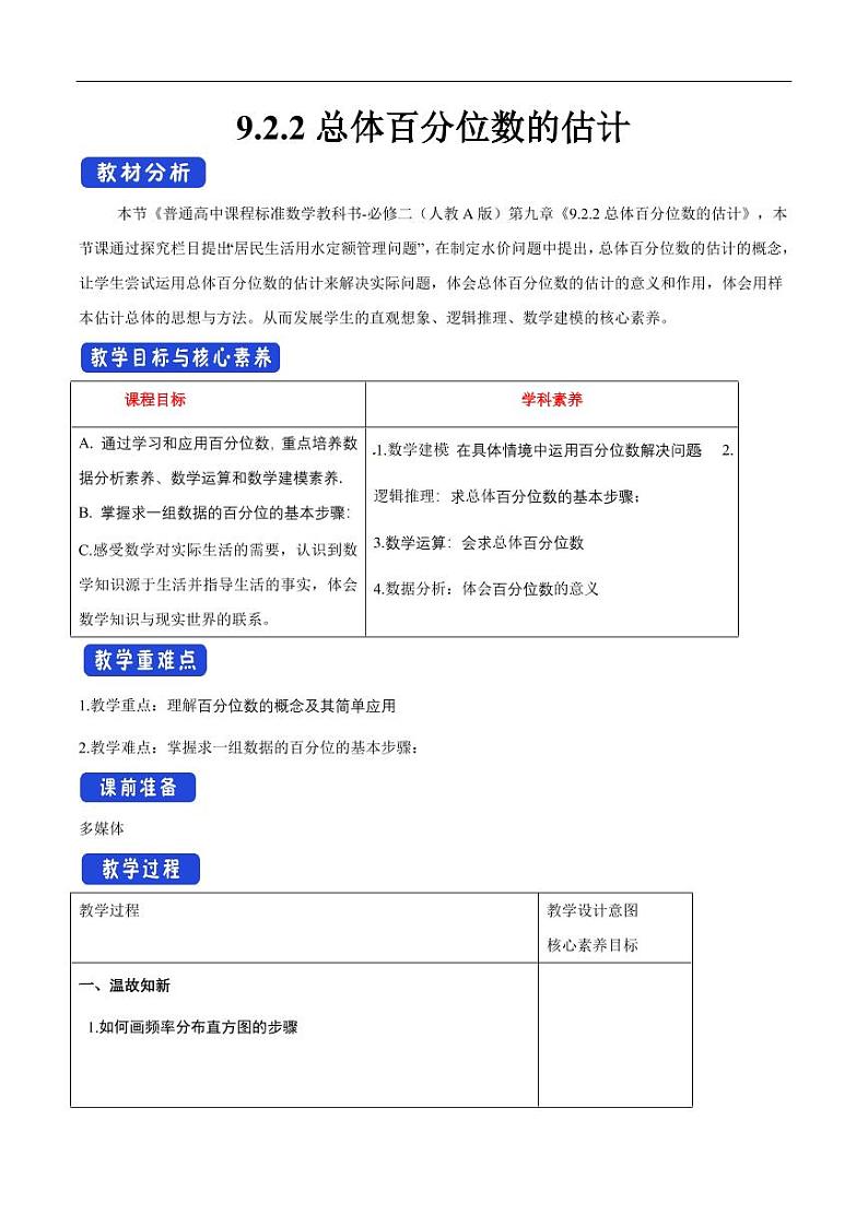 9.2.2 总体百分位数的估计 教学设计(1)-人教A版高中数学必修第二册01