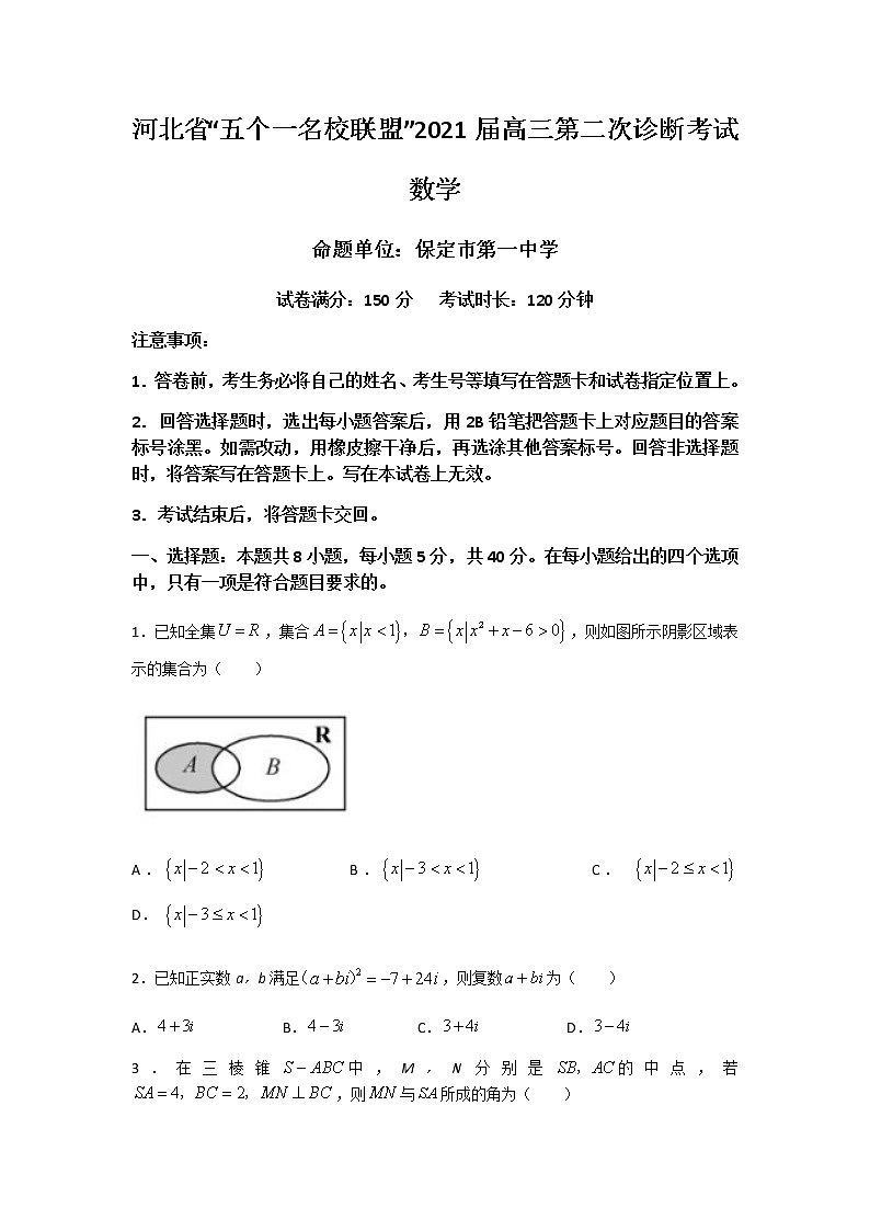 2021年河北省“五个一名校联盟”高考二模数学试卷第1页