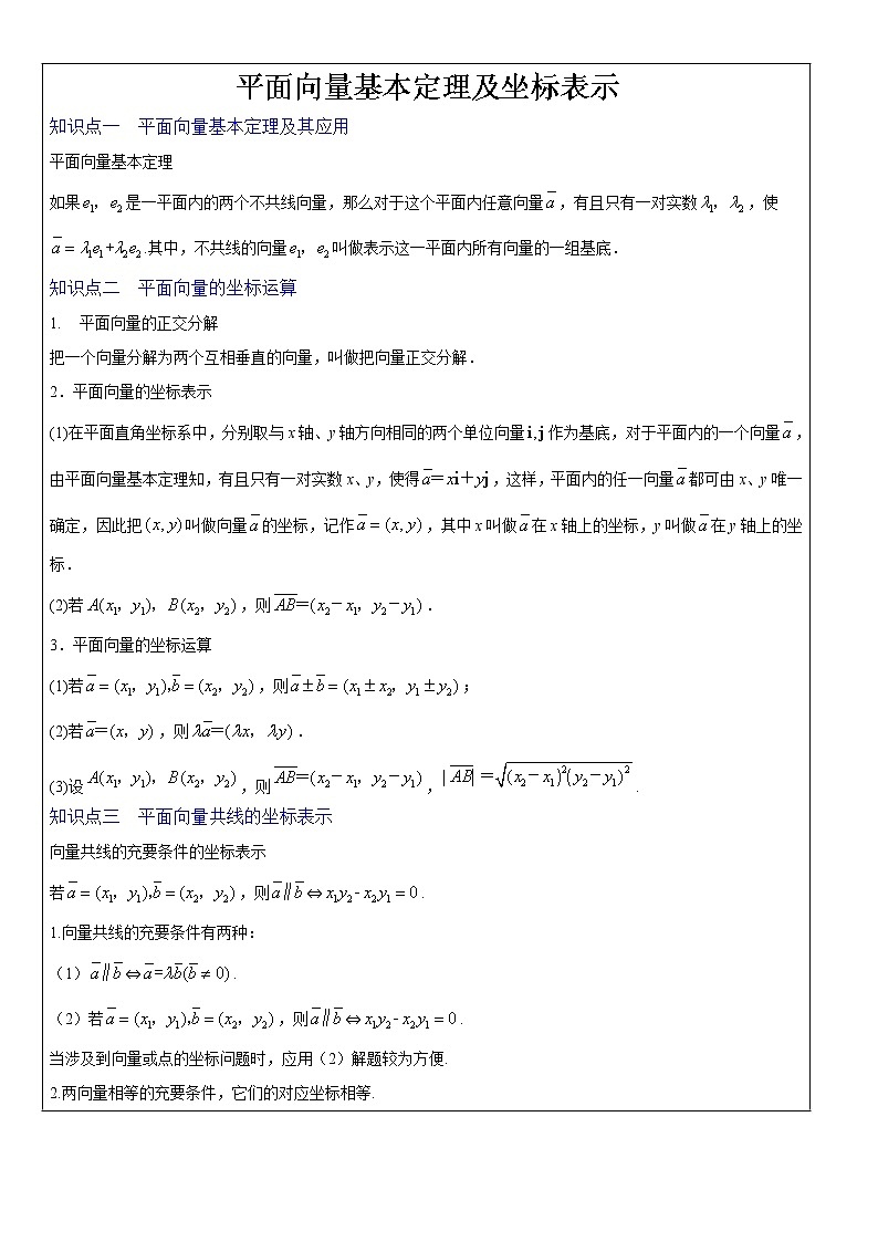 高一数学-平面向量基本定理及坐标表示 知识点总结与练习学案01