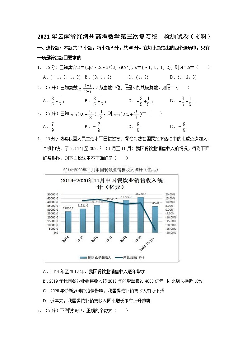 2021年云南省红河州高考数学第三次复习统一检测试卷(文科)第1页