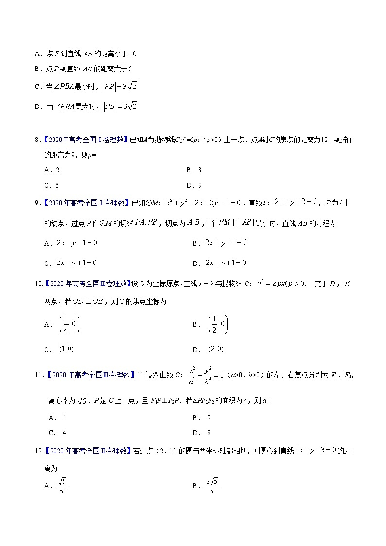 三年(2019-2021)高考数学(理)真题分项汇编之专题07平面解析几何(选择题、填空题)(原卷版)02