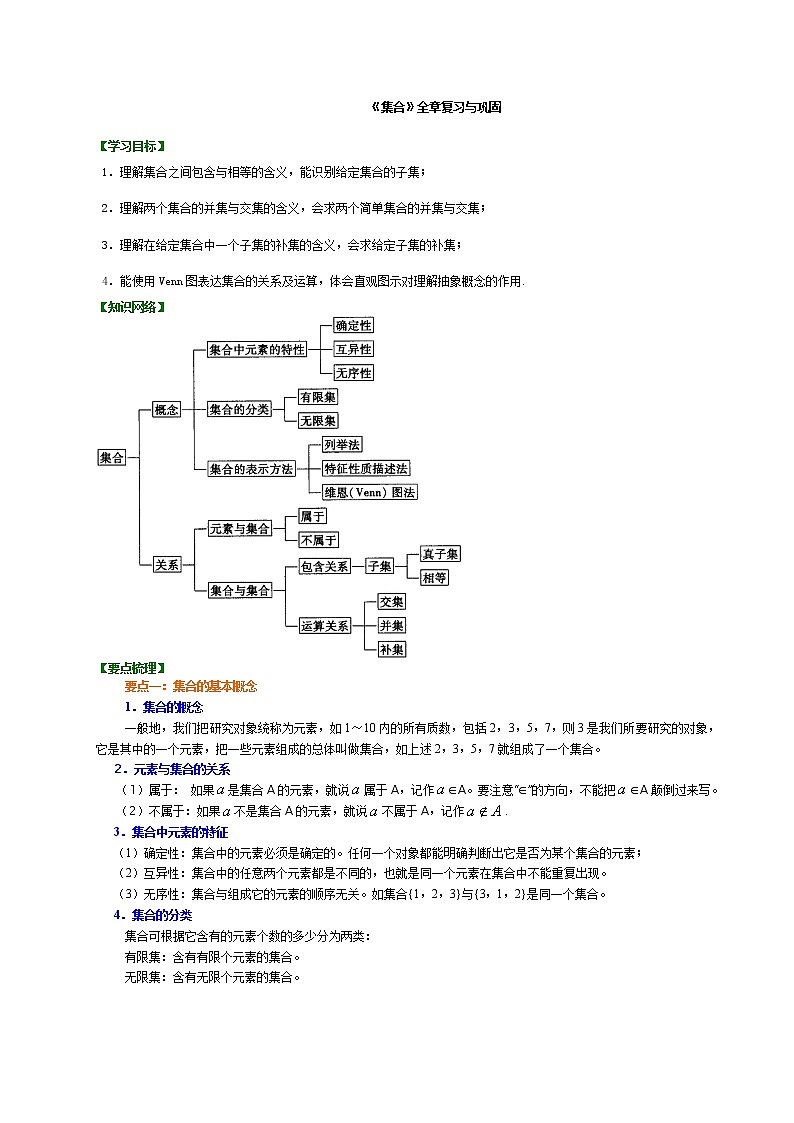 人教版《集合》单元知识点总结学案01