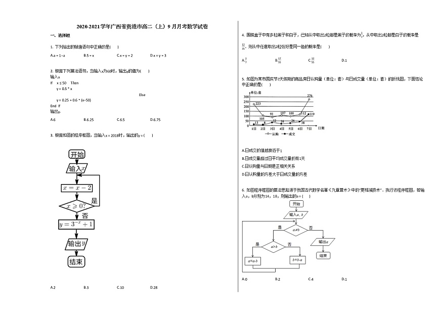 2020-2021學年廣西省貴港市高二（上）9月月考數(shù)學試卷人教A版第1頁