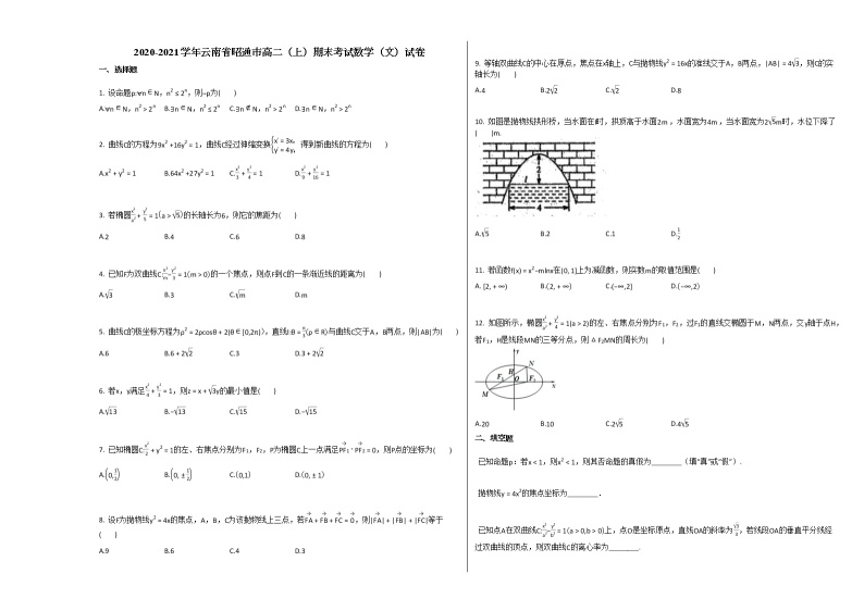 2020-2021学年云南省昭通市高二（上）期末考试数学（文）试卷人教A版01