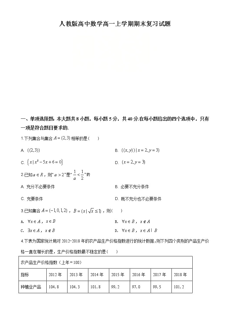 2021年人教版高中数学高一上学期期末复习试题10(原卷版)第1页
