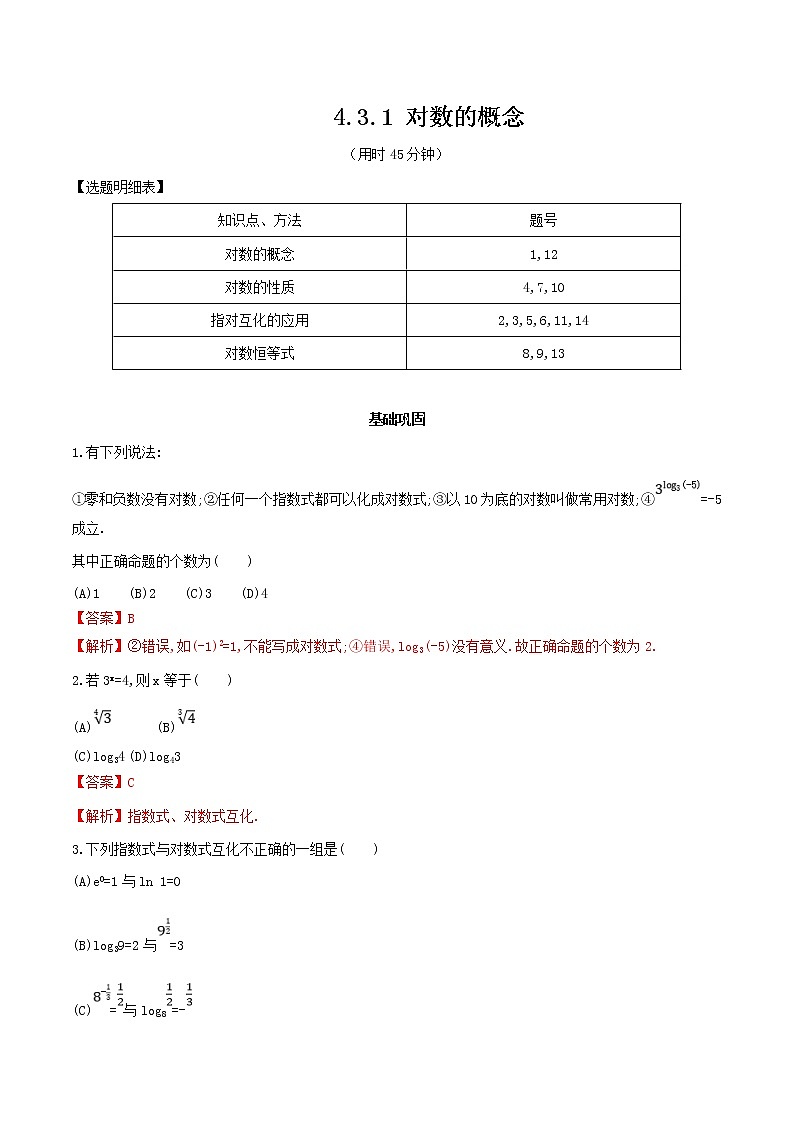 2021年高中数学人教版必修第一册:4.3.1《对数的概念》同步练习2(含答案详解)01