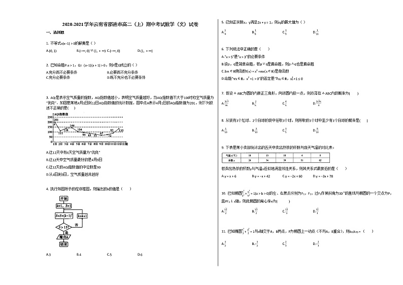 2020-2021学年云南省邵通市高二(上)期中考试数学(文)试卷人教A版第1页